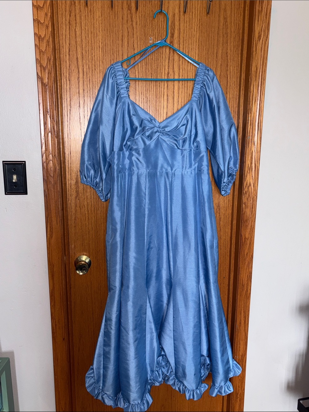 Anthropologie Dusty Blue Satin Puff-Sleeve Midi Dress